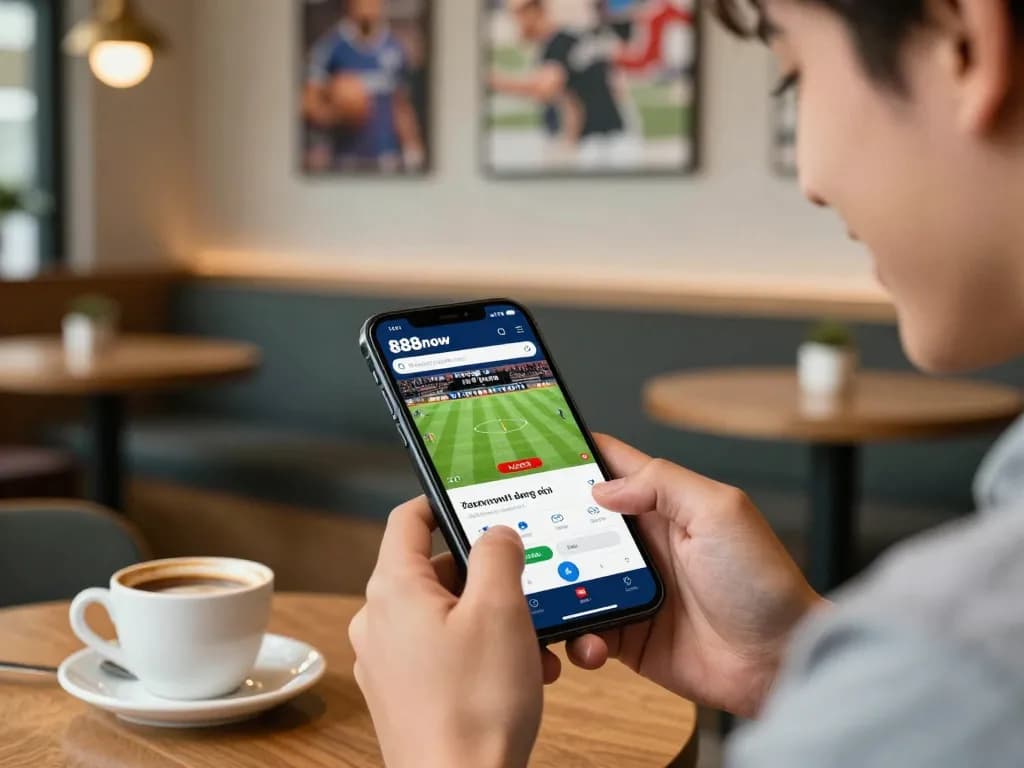 Placing bets with 888now đăng nhập showcased on smartphone screen in cozy cafe.