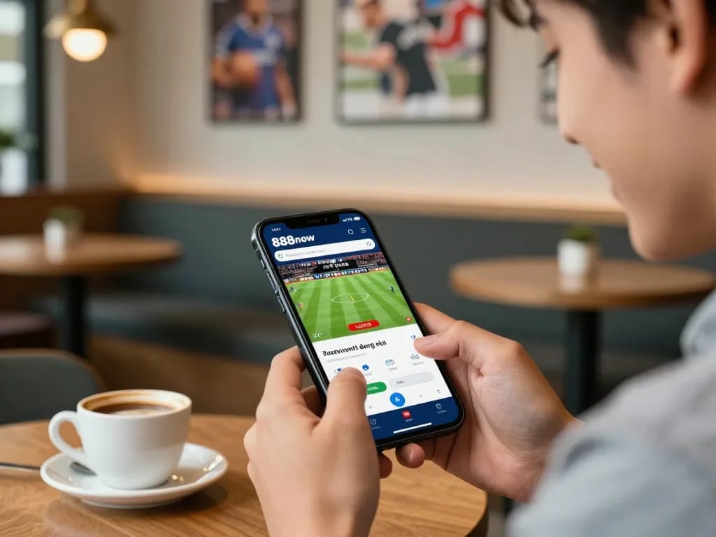 Placing bets with 888now đăng nhập showcased on smartphone screen in cozy cafe.