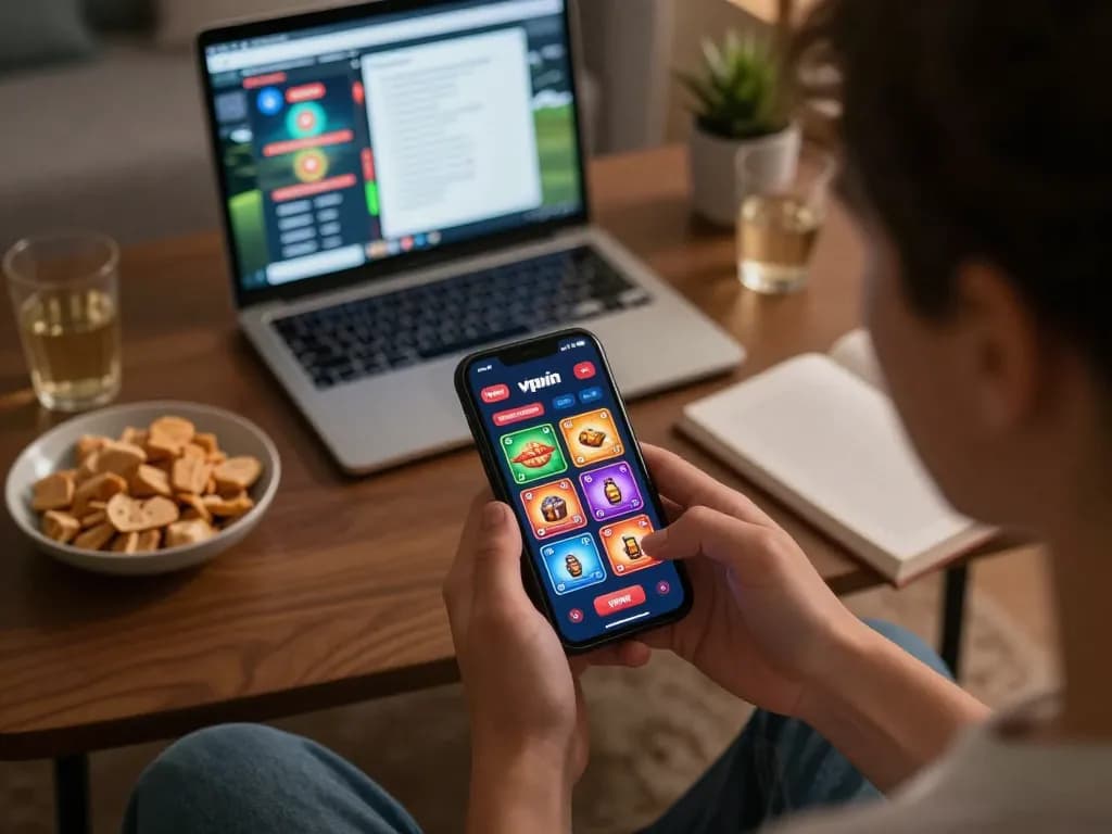 Engaging player enjoying vipwin gaming on smartphone, vibrant casino app displayed in cozy home setting.