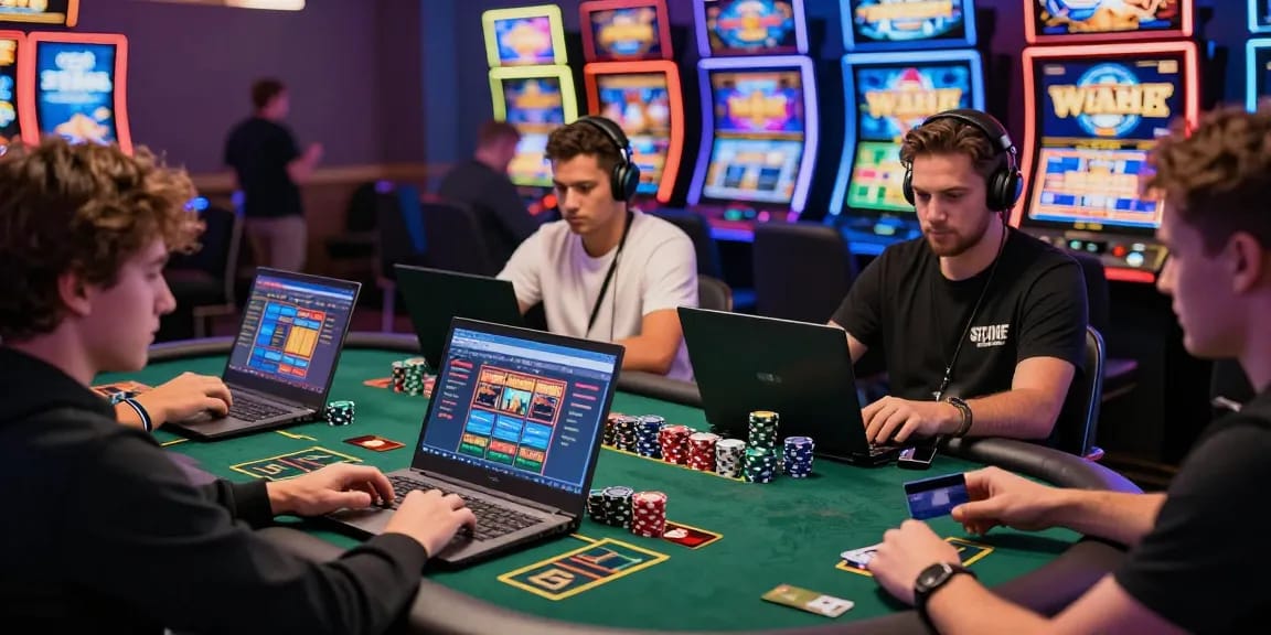 Players enjoying games at credit card casinos with laptops, vibrant slot machines, and lively atmosphere.