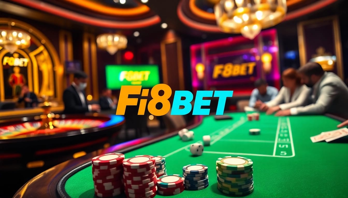 Experience the thrill of F8BET at an elegant casino poker table with vibrant action.
