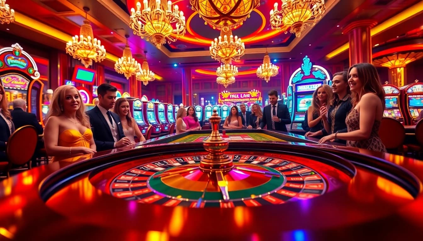 Main event at a casino with KUY4D roulette, sparkling lights, and energized players surrounding it.