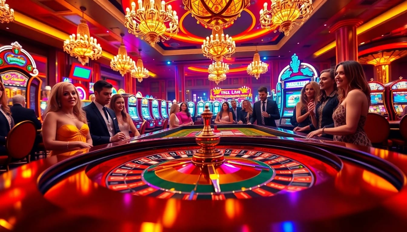 Main event at a casino with KUY4D roulette, sparkling lights, and energized players surrounding it.