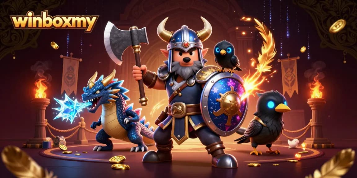 Experience thrilling gameplay with winboxmy featuring a Viking warrior and dragon in a vibrant casino arena.