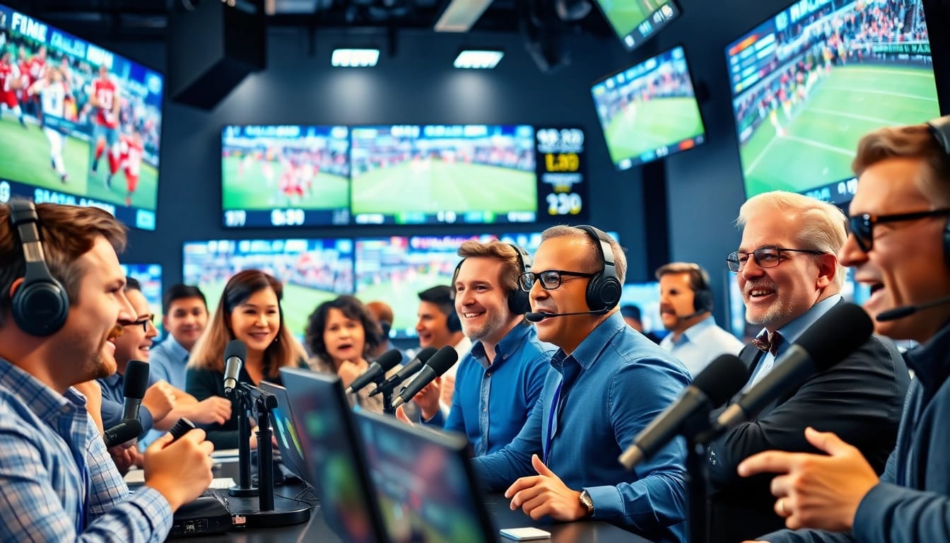 Exciting scene of sports broadcasting with diverse commentators discussing live games.