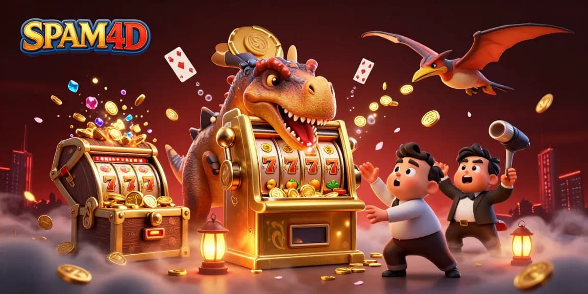 SPAM4D menarik jackpot dengan dinosaurus, mesin slot, dan koin emas terbang.