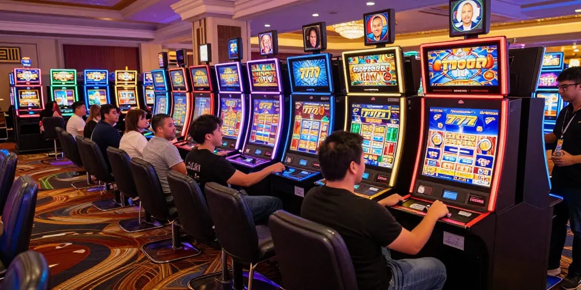 Players celebrating wins at vibrant slot777 machines in a lively casino.
