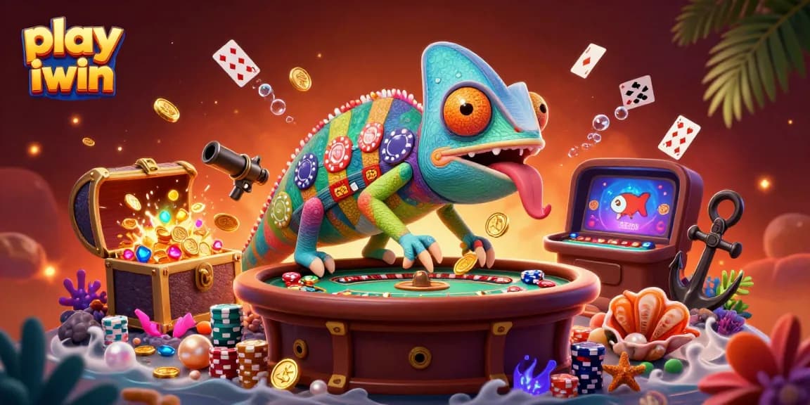 Play iwin with a vibrant 3D chameleon casino owner amid colorful gambling elements.
