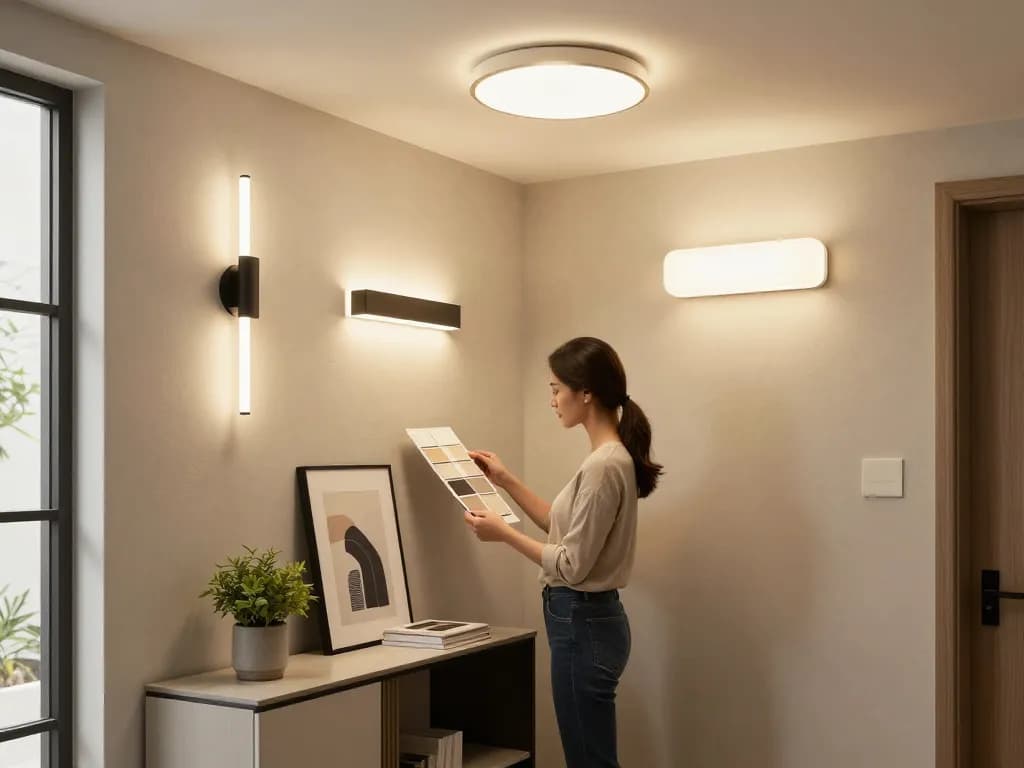 Stylish hallway light fixtures illuminating a modern interior design scene with a designer reviewing samples.