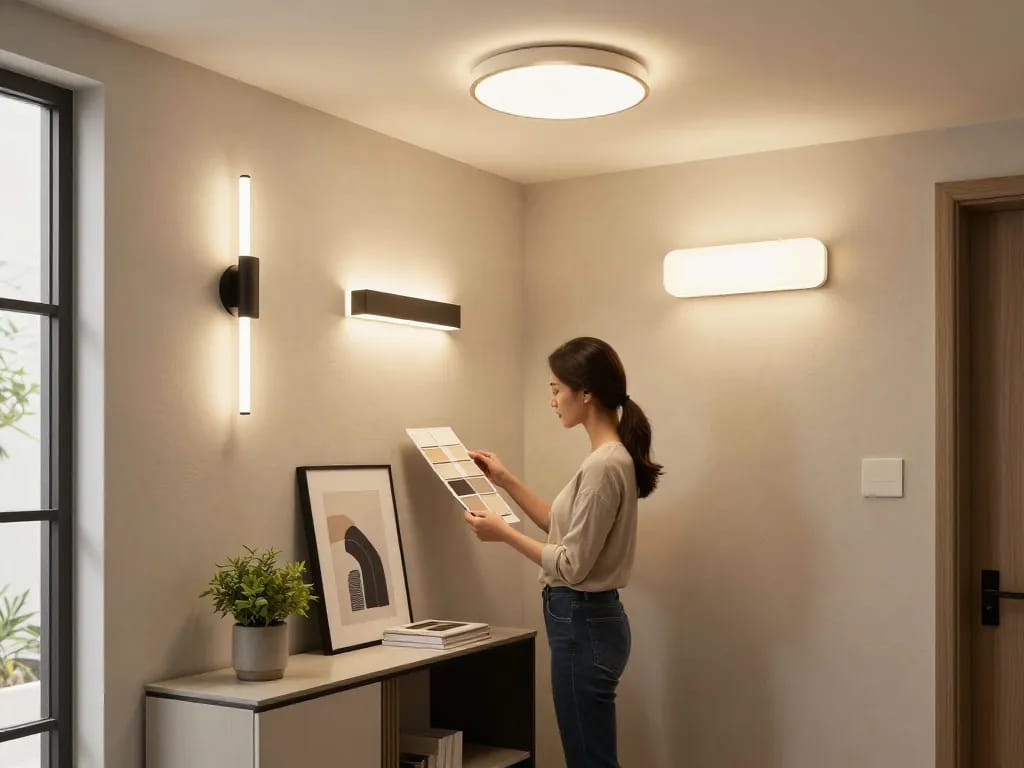Stylish hallway light fixtures illuminating a modern interior design scene with a designer reviewing samples.
