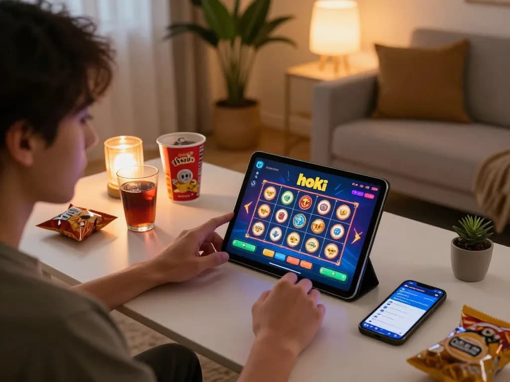 Engaging in hoki slot gameplay on a tablet in a cozy home setting with ambient lighting