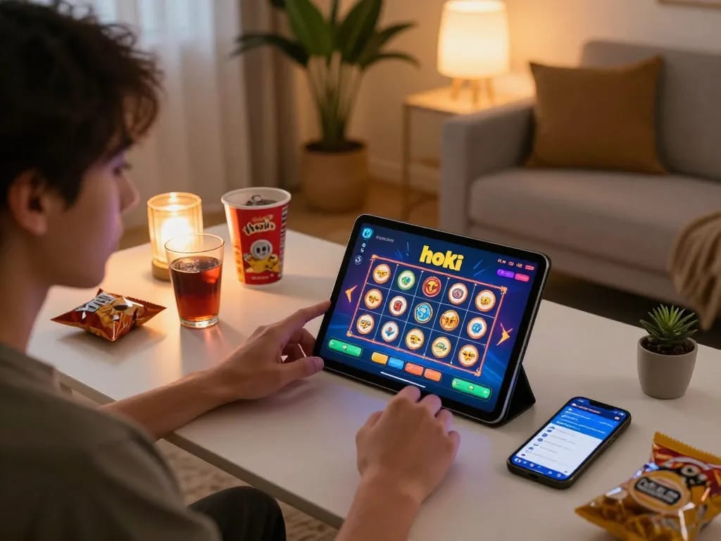 Engaging in hoki slot gameplay on a tablet in a cozy home setting with ambient lighting