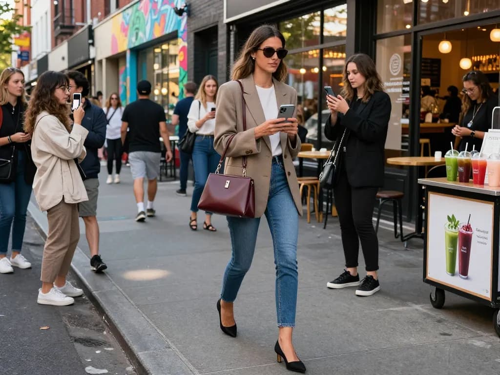 Stylish individual showcasing 레플리카 handbag in urban street, vibrant fashion scene.