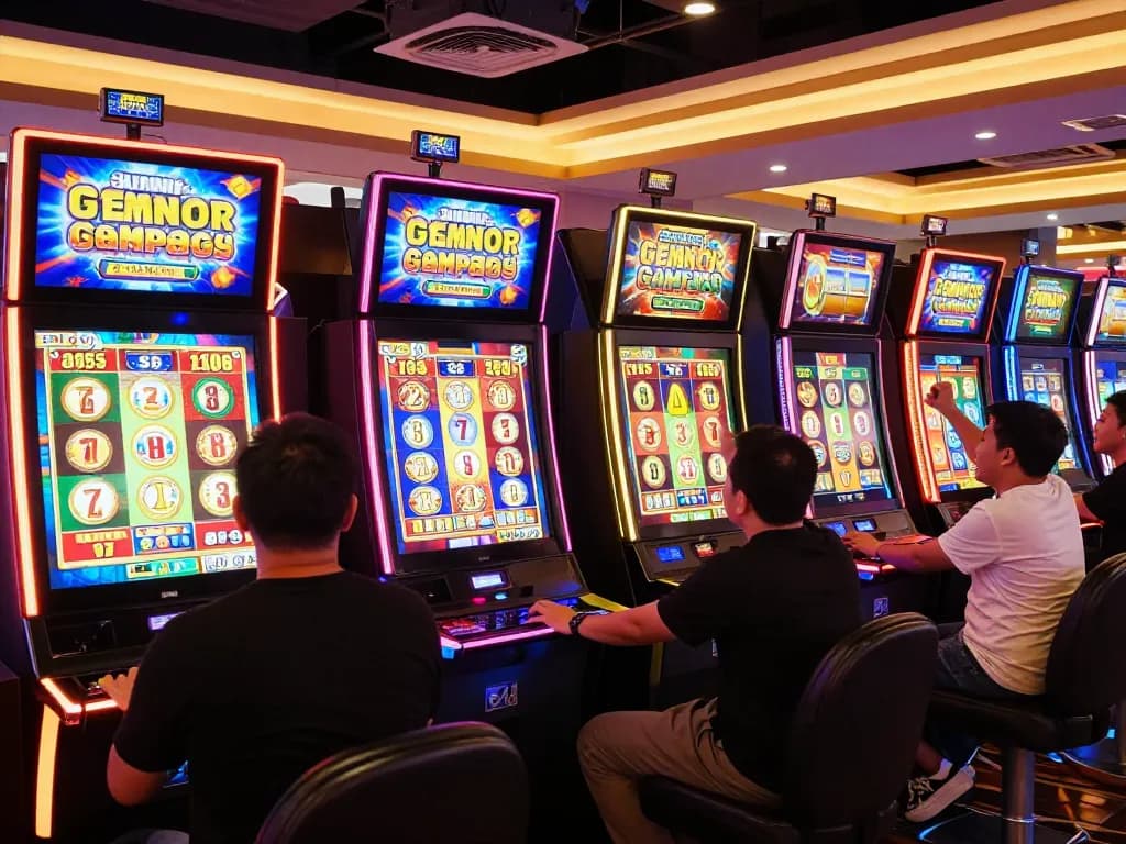 Players celebrating wins on slot gacor gampang menang machines in a vibrant casino ambiance.