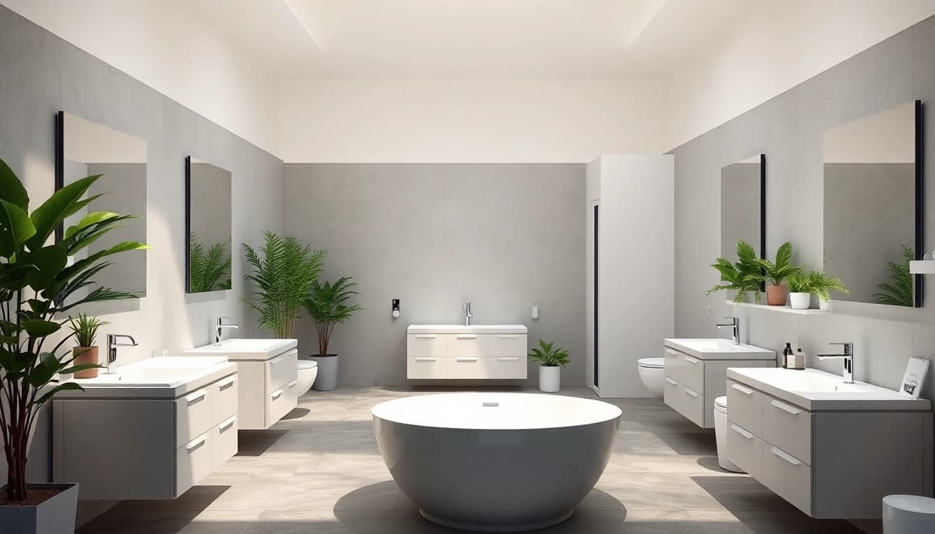 Esplora la collezione di sanitari moderni in un bagno elegante e luminoso.