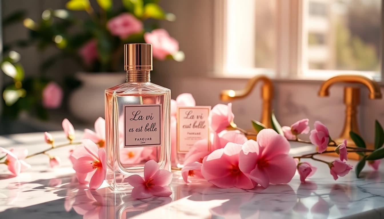 Showcase La vi est belle perfume elegantly positioned with flowers, emphasizing sophistication.