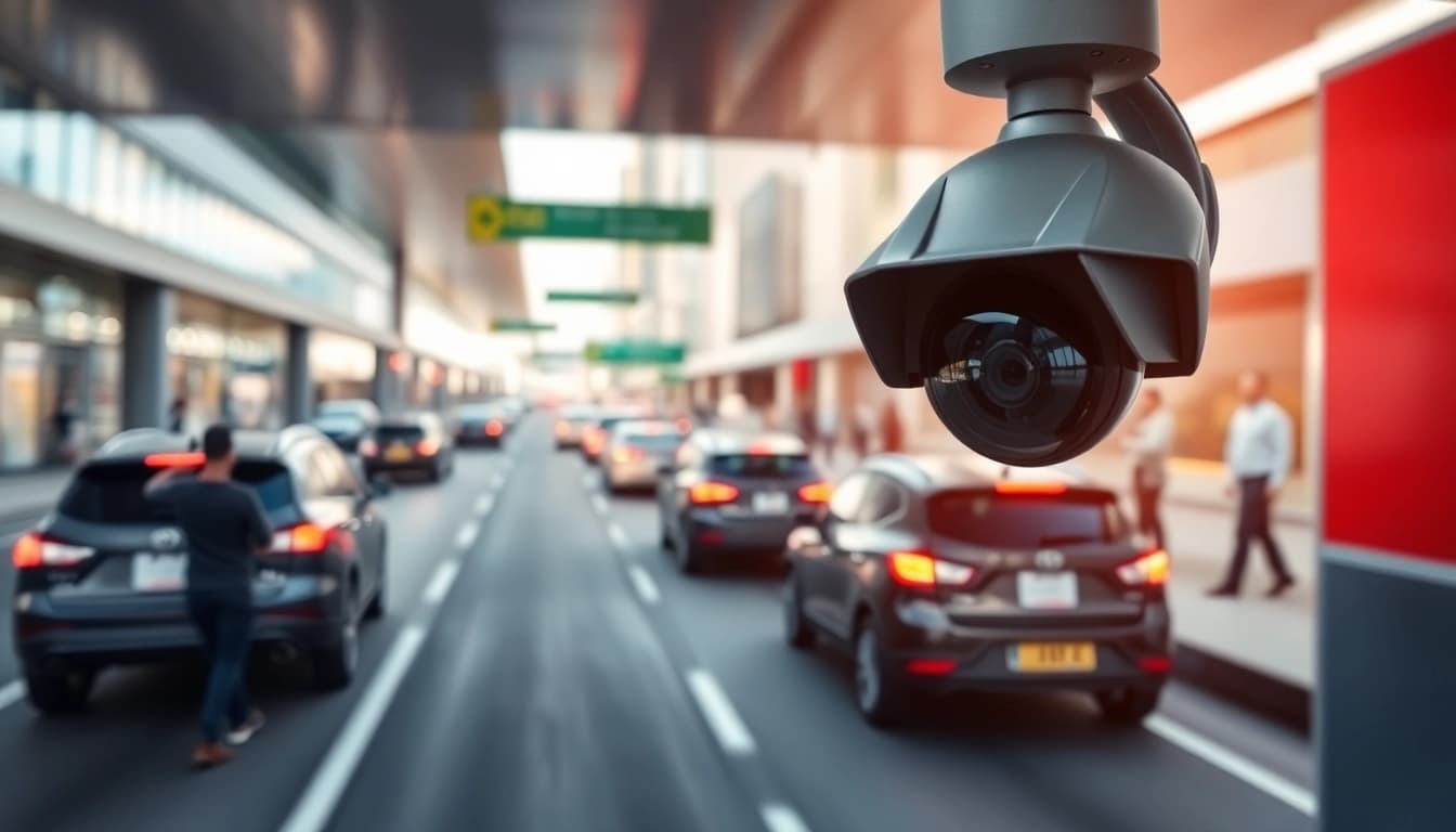 Automatic license plate recognition camera capturing a vehicle in a busy urban area.