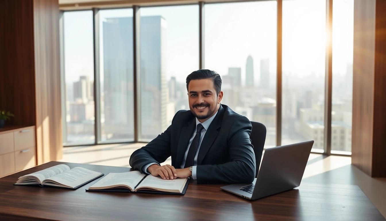 Professional intellectual property lawyer working diligently in a modern office environment.