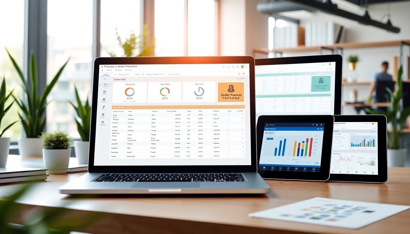Streamlined order processing software showcased on multiple devices in a bright office space.