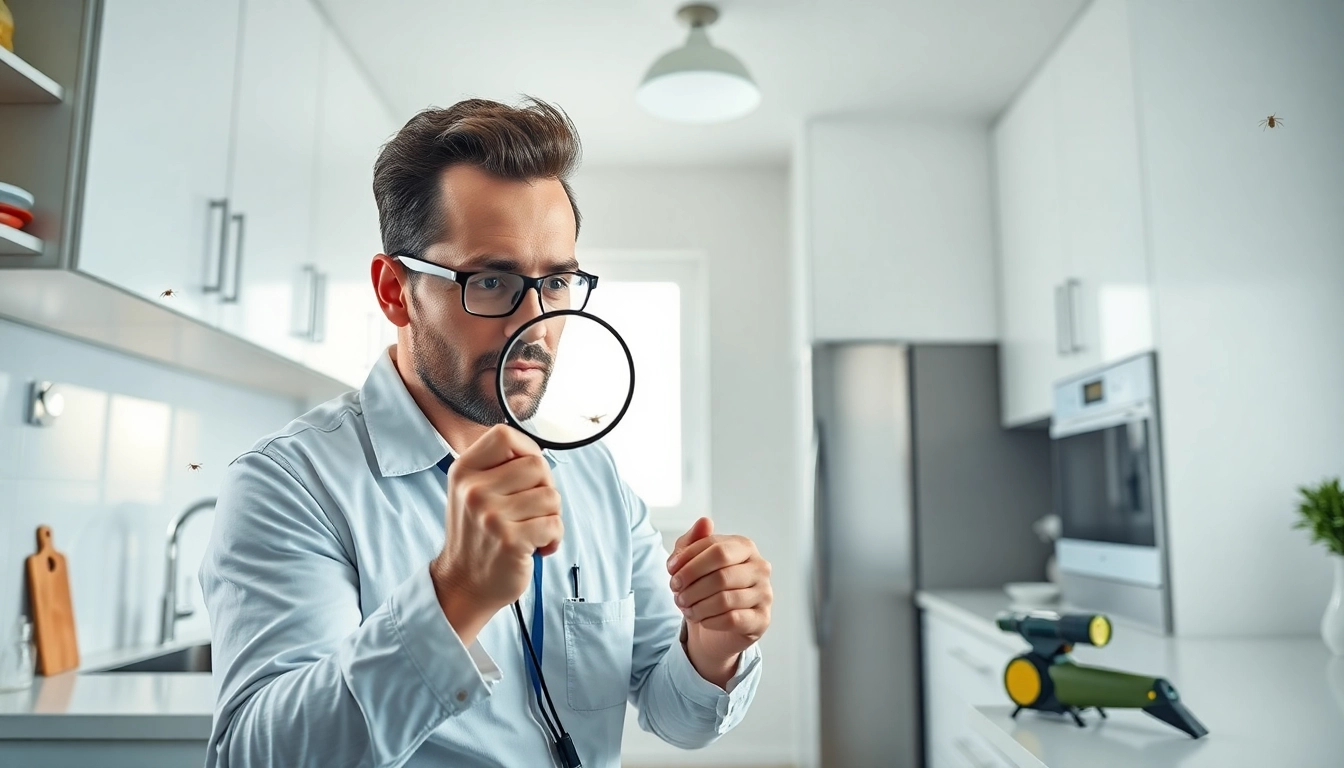 Bugs in kitchen exterminator inspecting cabinets for pests in a bright, modern kitchen.
