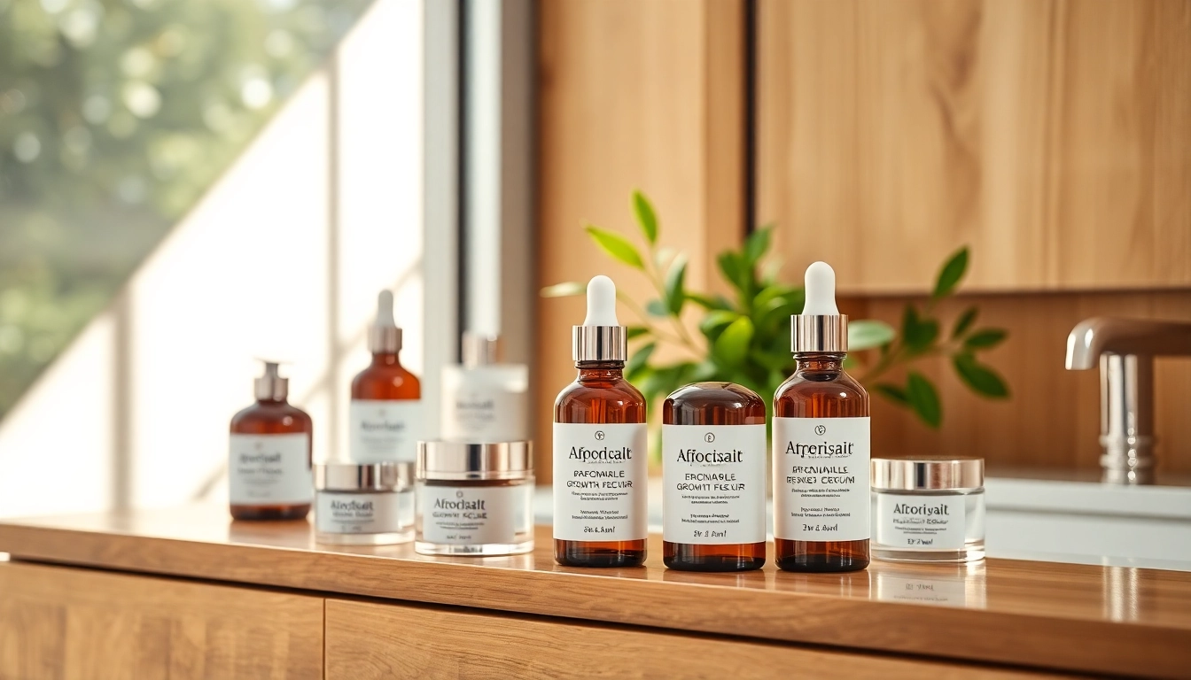 Showcase of an affordable growth factor serum set against a chic wooden vanity, inviting for skincare enthusiasts.