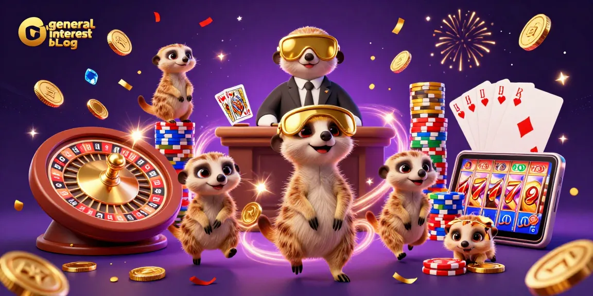 Delight in the vibrant action at the general interest blog casino scene with meerkats amidst a flurry of gold coins.