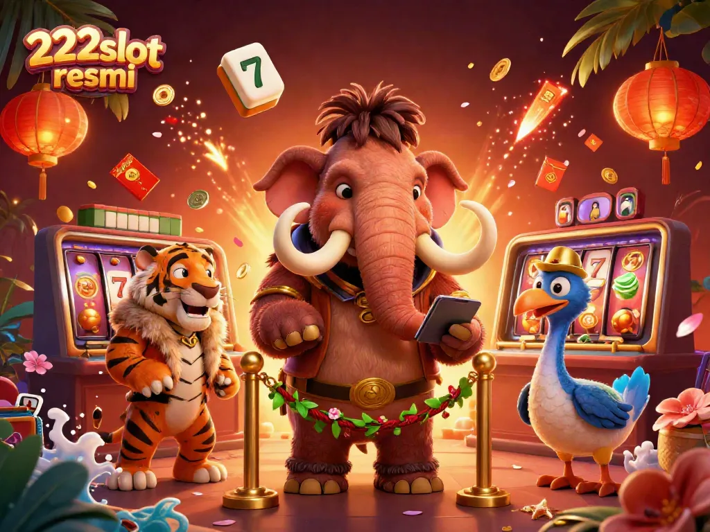 Mammoth bouncer dan pengunjung VIP saber-tooth di kasino 222slot resmi, dikelilingi berbagai elemen judi yang menarik.
