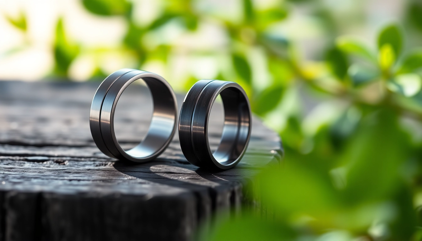 Showcasing Gunmetal Wedding Bands for Men with exceptional details on a rich wooden backdrop.