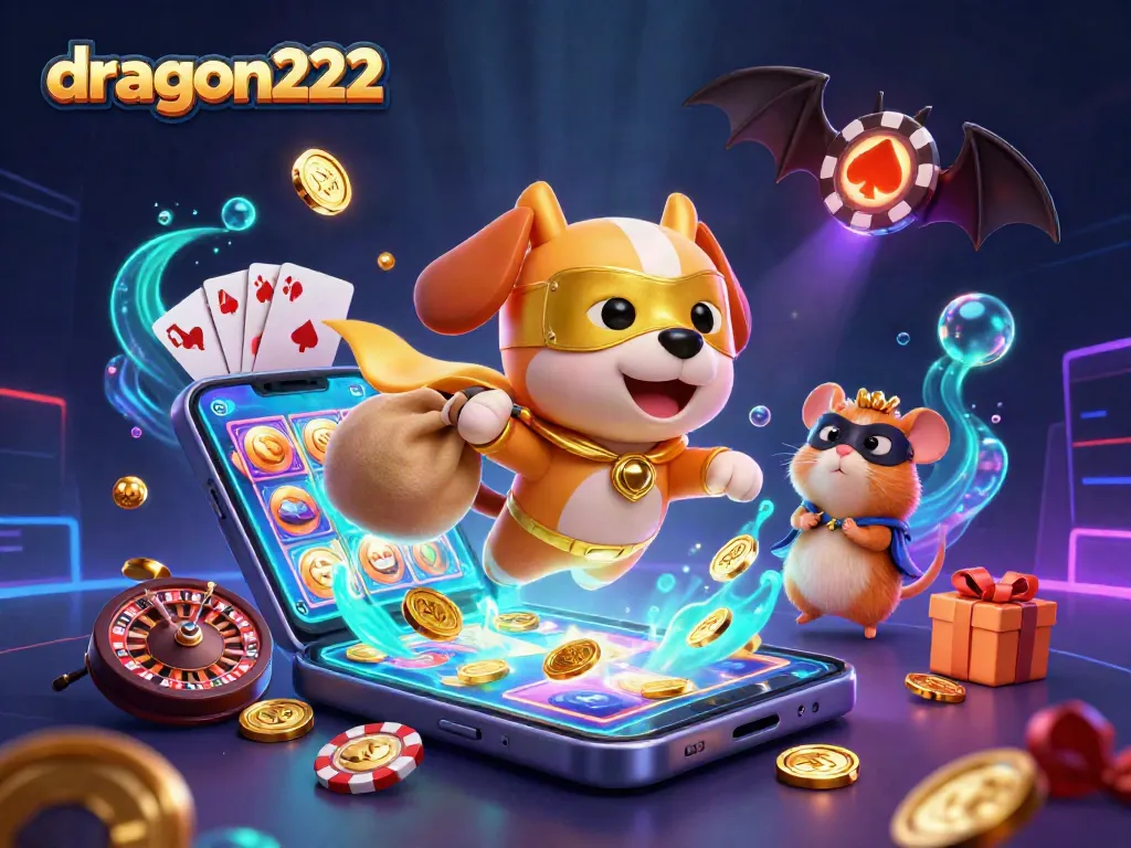 Experience thrilling gameplay action with dragon222 as the superhero dog and hamster fly through a vibrant casino adventure.