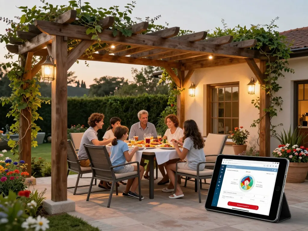 Family enjoying time under a custom-designed pergola using an online pergola configurator.