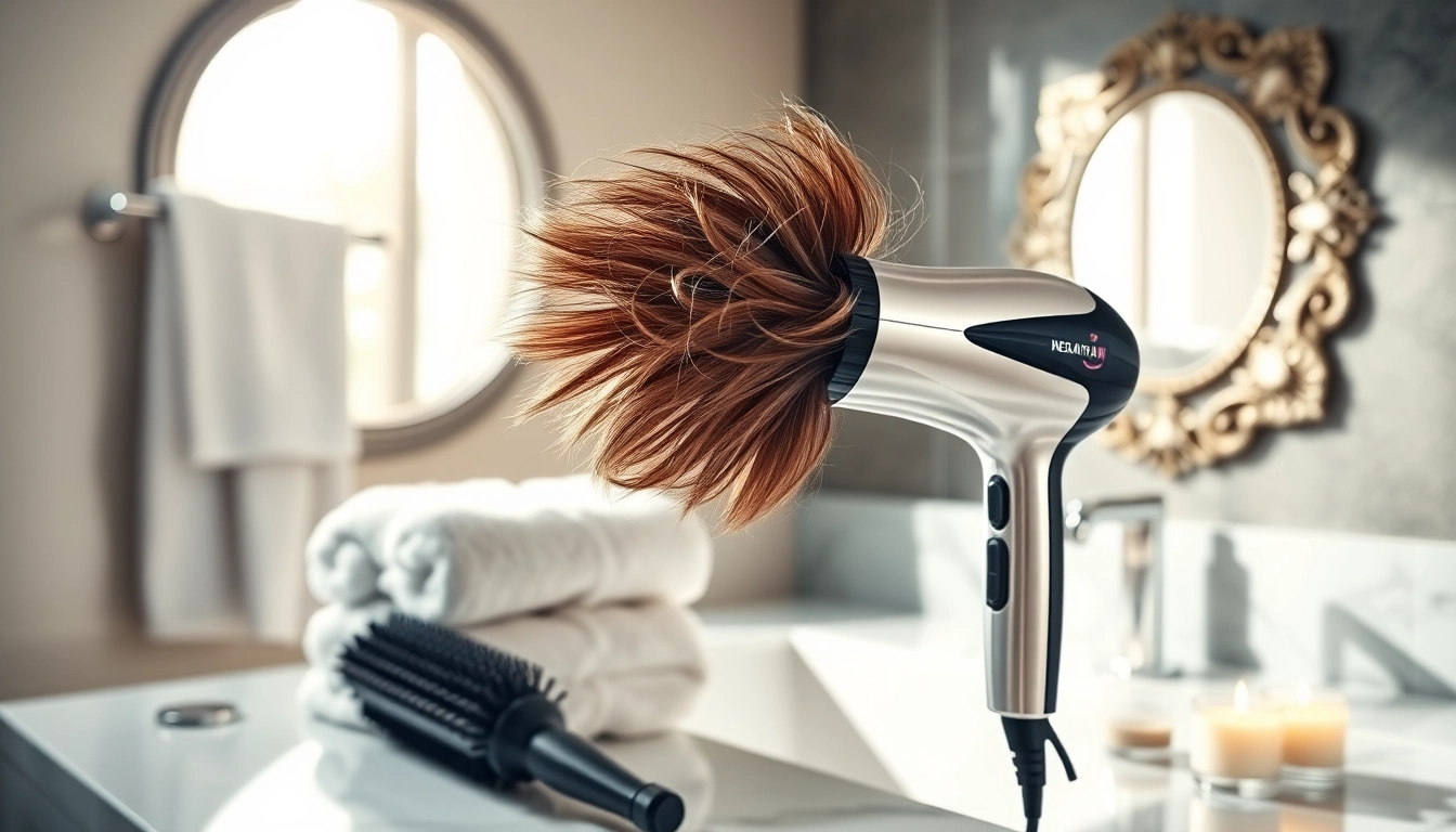 Frizzy hair dryer showcasing an elegant design in a bright bathroom setting.