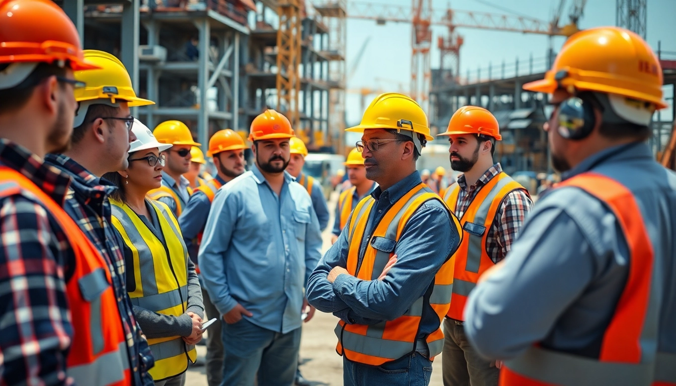 Workers implementing construction safety programs in an active construction site environment.
