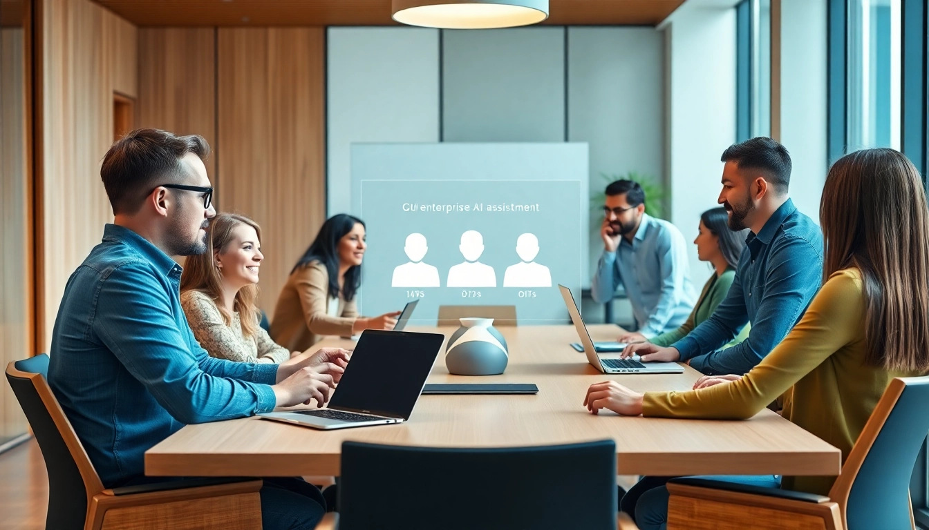 Engaged team using an enterprise ai assistant in a vibrant office collaboration.