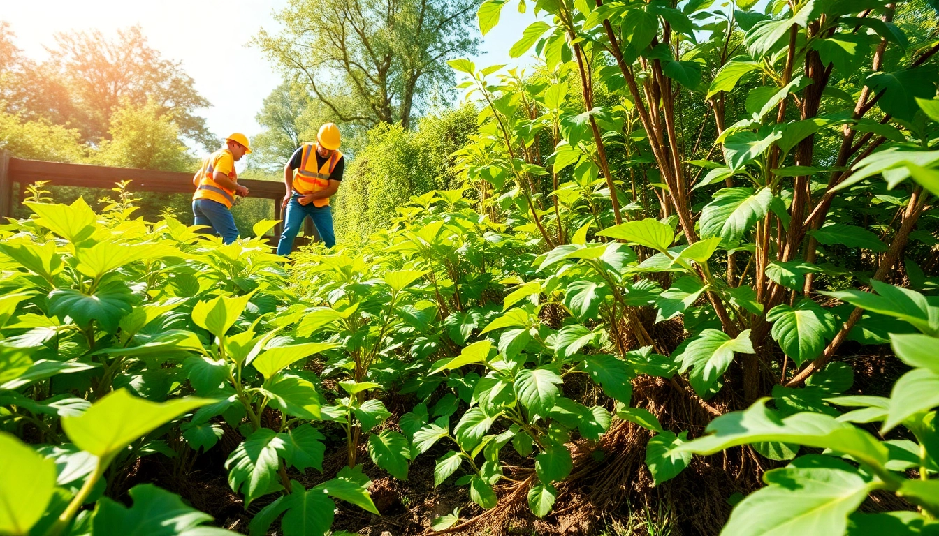 Japanese Knotweed Removal efforts in a professional landscape setting with workers actively engaged.