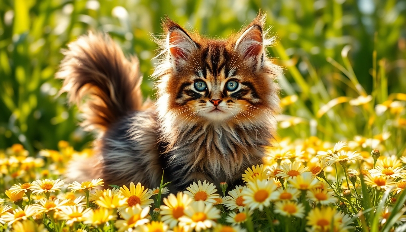 Maine Coon kittens for sale Northern California sitting amidst colorful flowers in a beautiful garden.