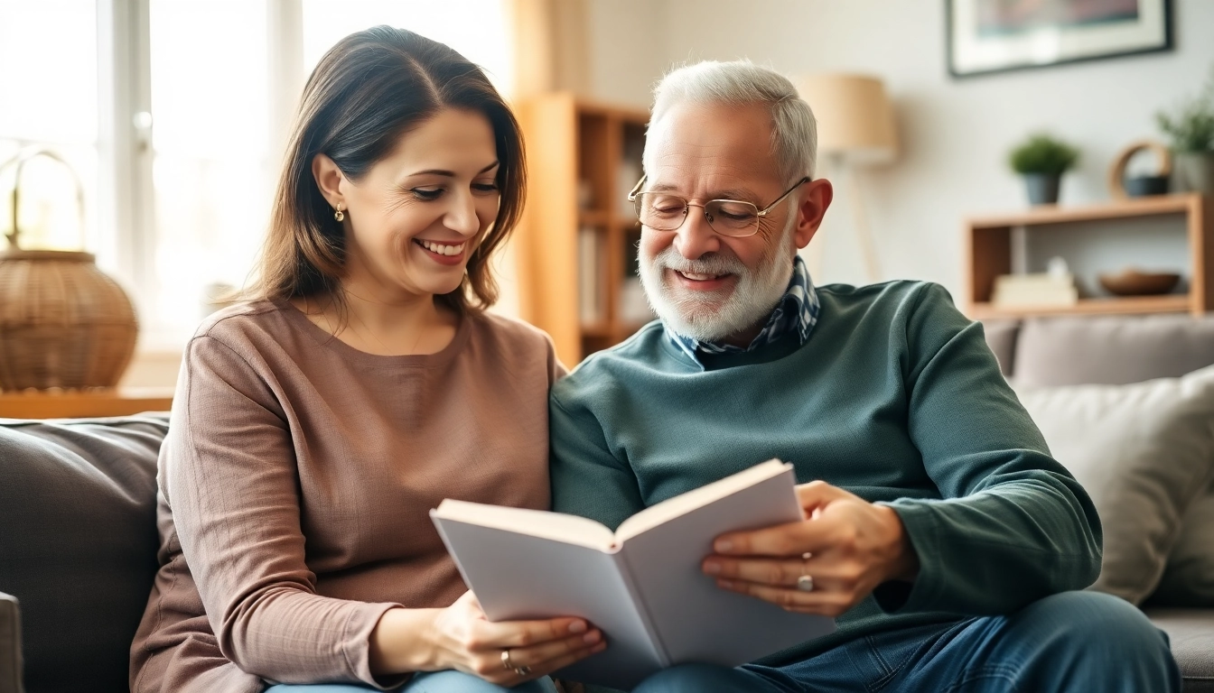 Providing in home senior care, a caregiver helps a senior man read in a cozy, inviting living room.