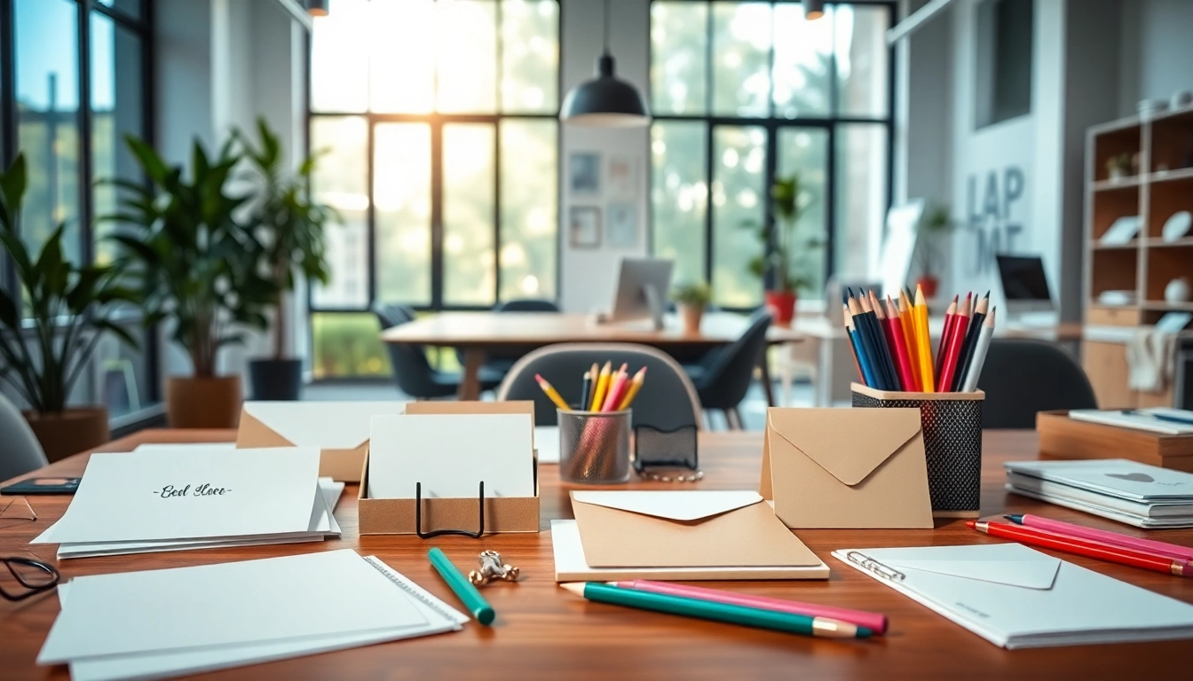 Engaging workspace of a stationery company featuring elegant designs and creative organization.