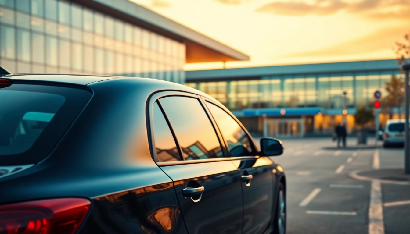 Taxi Nottingham to Birmingham Airport with a sleek black vehicle against Birmingham Airport backdrop.
