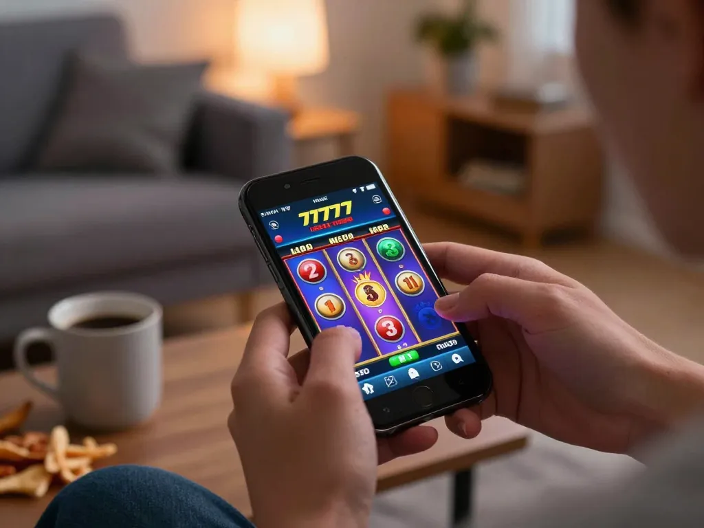 Engaging with slot777 mobile app, showing colorful winning symbols and spinning reels.