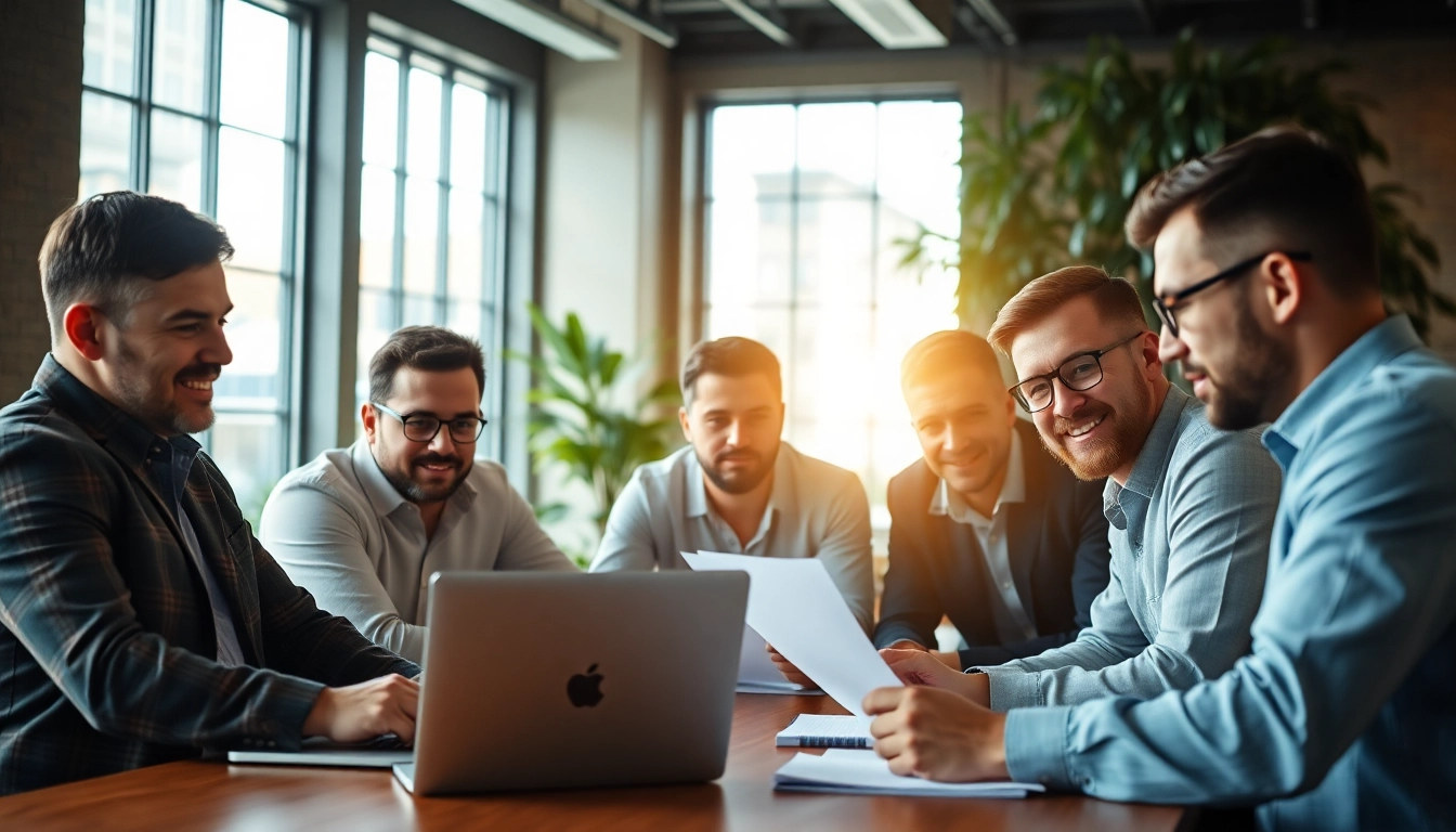 Men on mission collaborating in a bright office environment, showcasing focused teamwork.