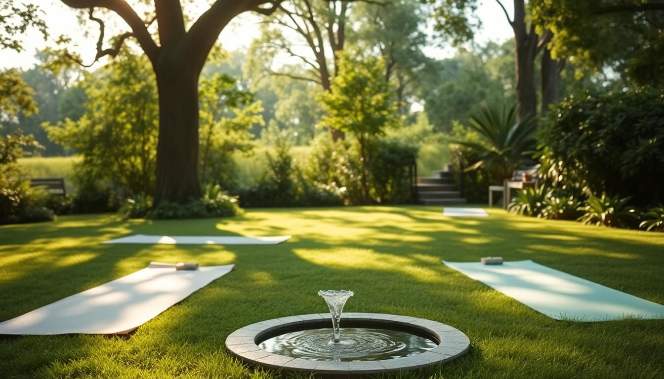 Relaxing scene at a wellness retreat with yoga mats in a tranquil garden setting.