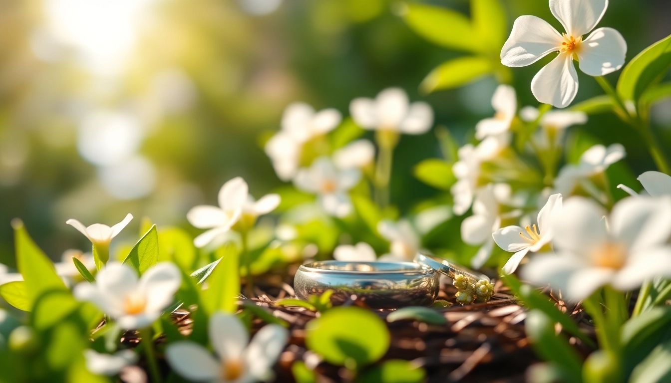 Admire wedding bands with intricate designs in an elegant garden setting, enhancing romance.