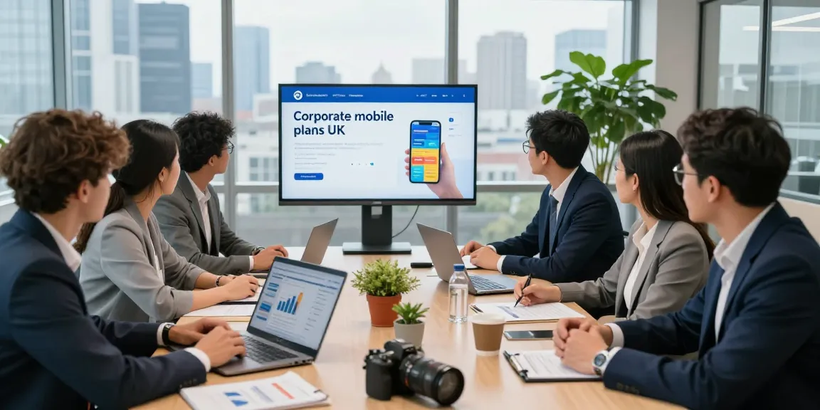 Team discussing corporate mobile plans UK in modern office meeting, showcasing collaboration and professional atmosphere.