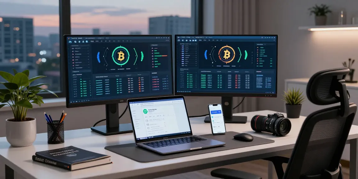 bitcoin mining online workspace with cryptocurrency charts and secure devices