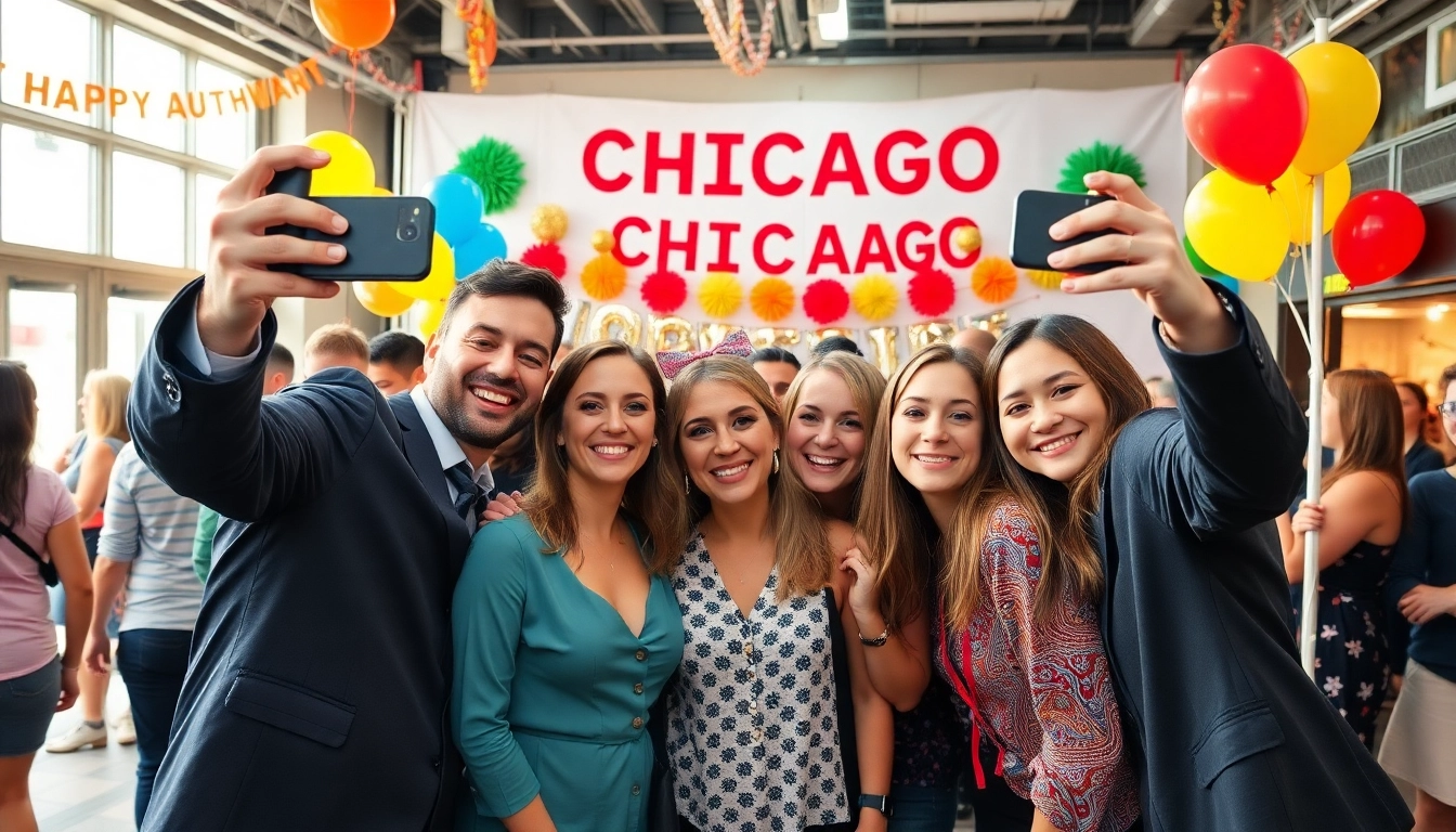 Guests enjoying a photo booth Chicago experience at a festive event with colorful decorations.