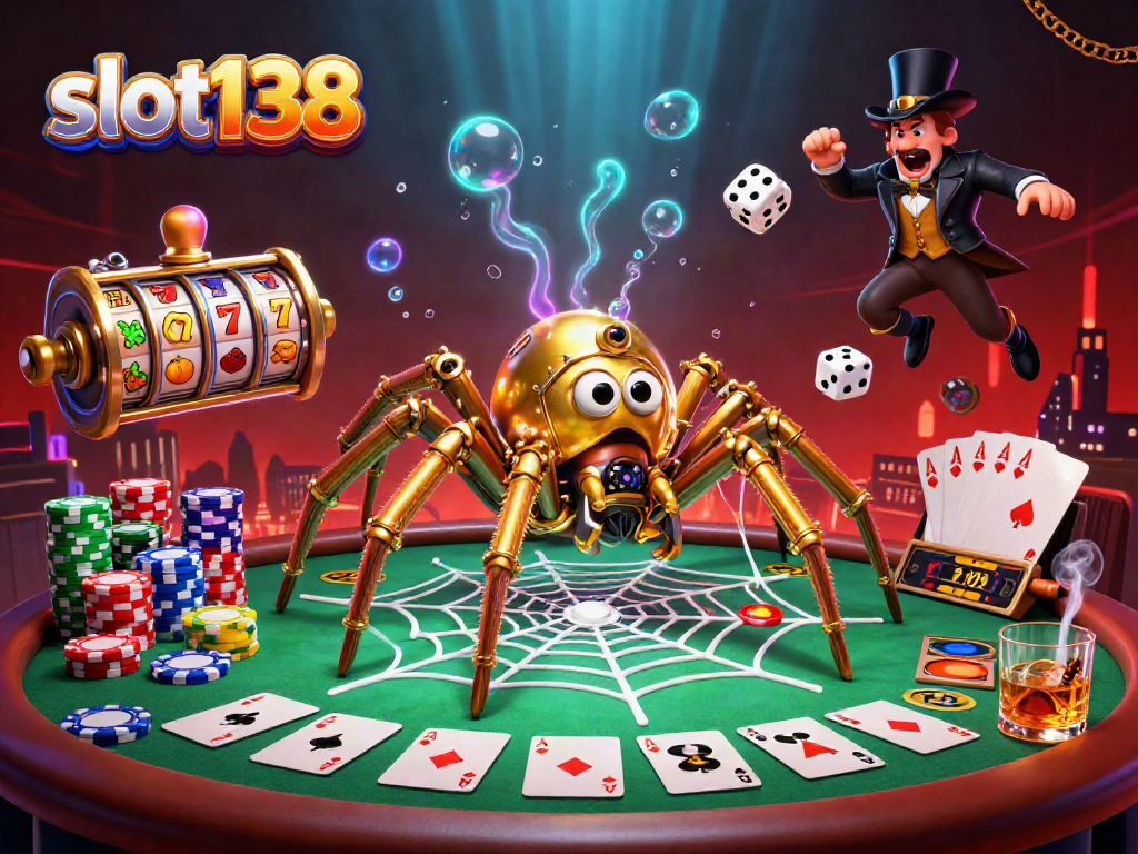 Engage in slot138 gaming action with a steampunk spider creating a golden web of luck.