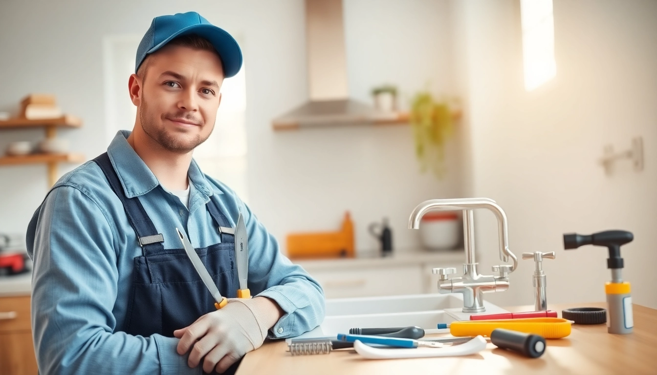Local plumber performing a sink installation with professional tools in a bright kitchen.