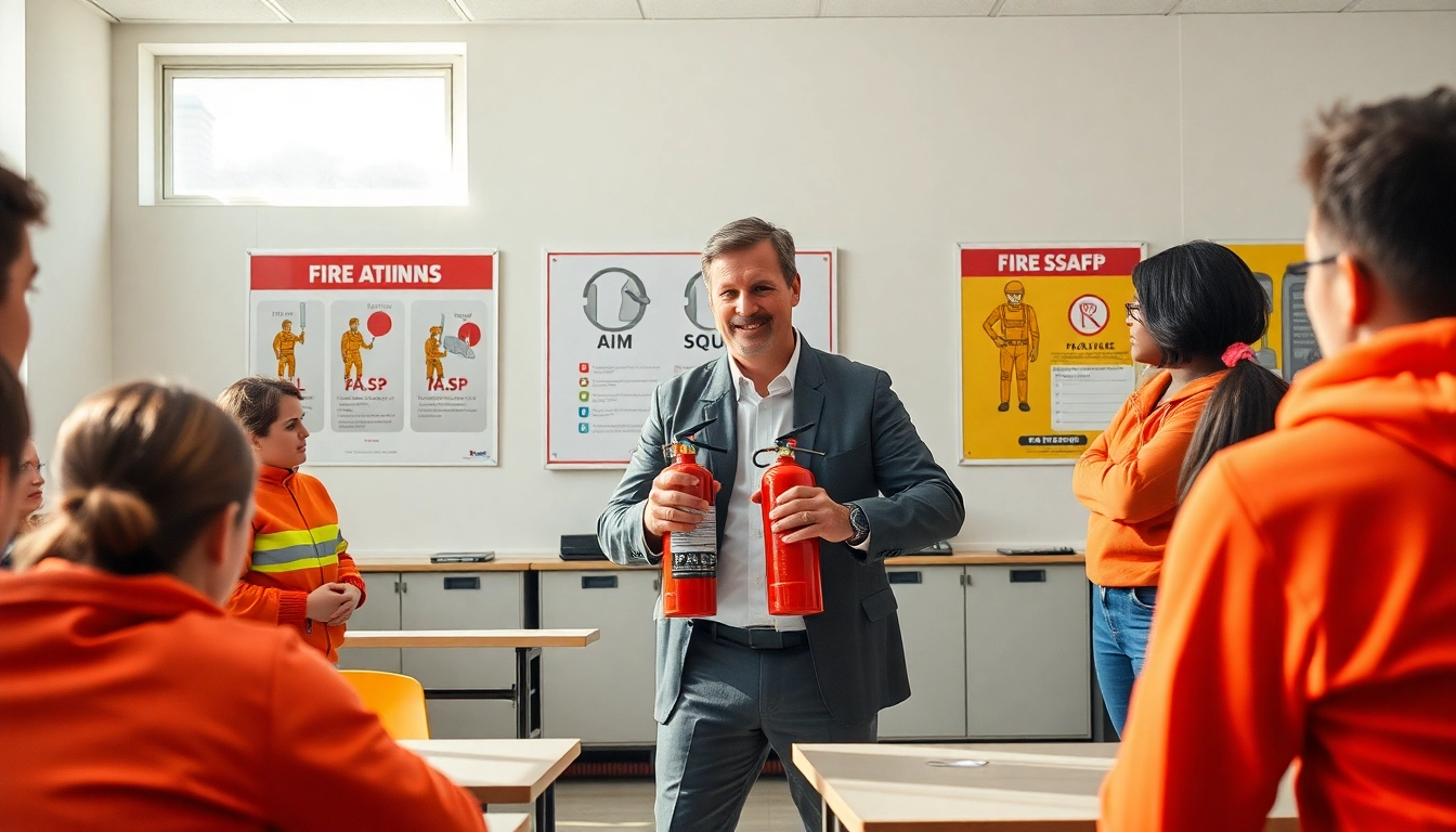 Demonstrating the P.A.S.S. fire extinguisher technique in a safety training session.