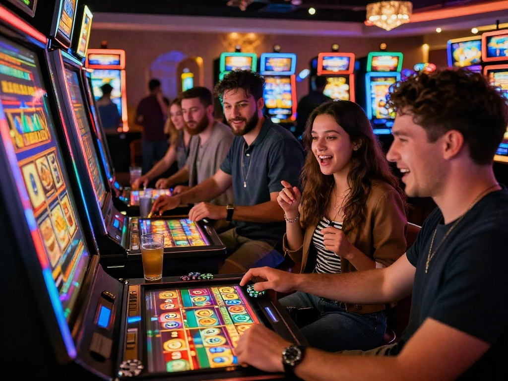Friends enjoying a slot bonus game at a lively casino, surrounded by colorful lights.