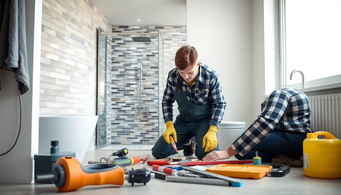 Installateur von sonni sanitär GmbH bei der Arbeit an modernen Sanitäranlagen.